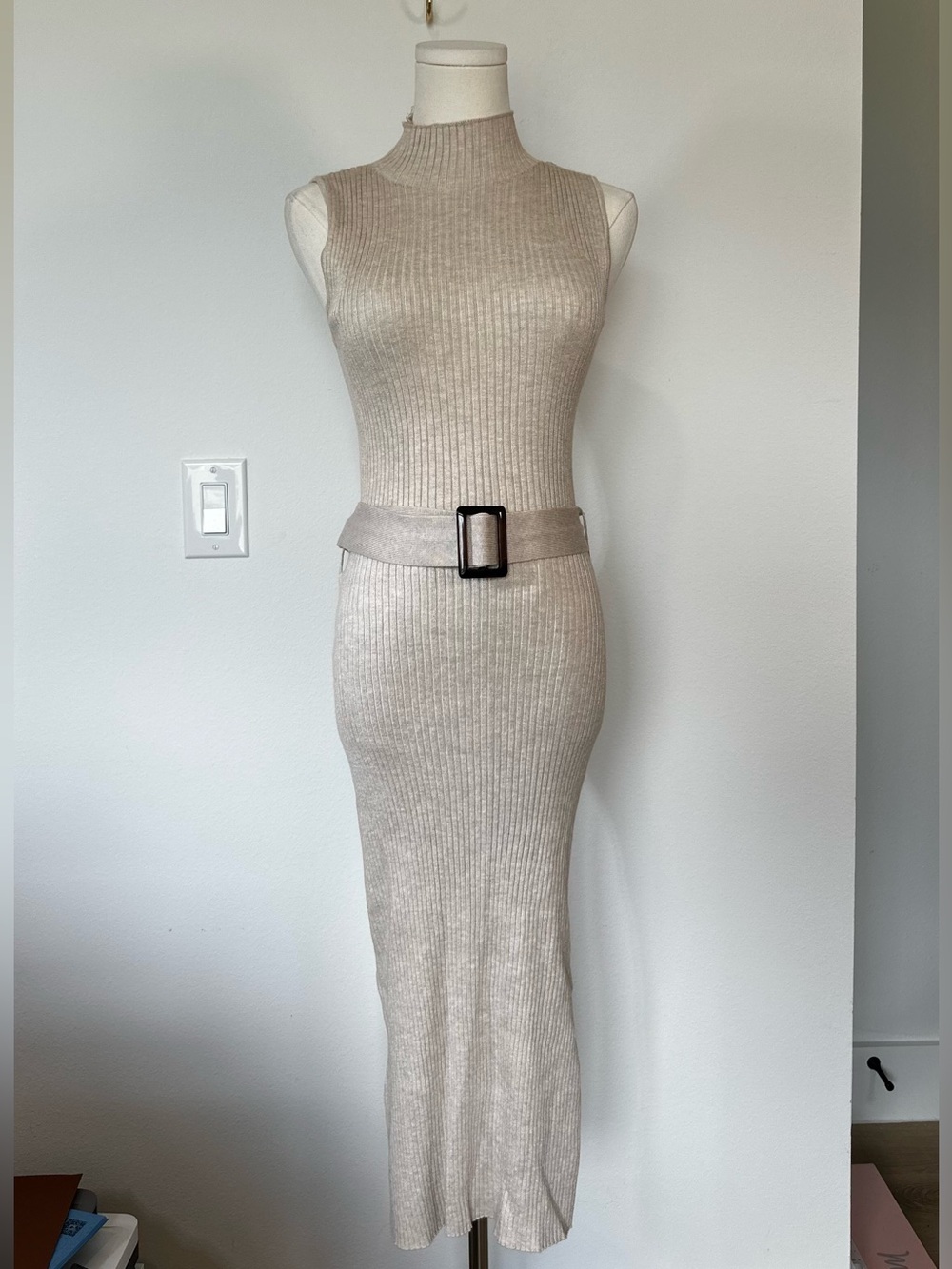 HIPPIE ROSE Beige Ribbed Mock Neck Belted Midi Dress S
